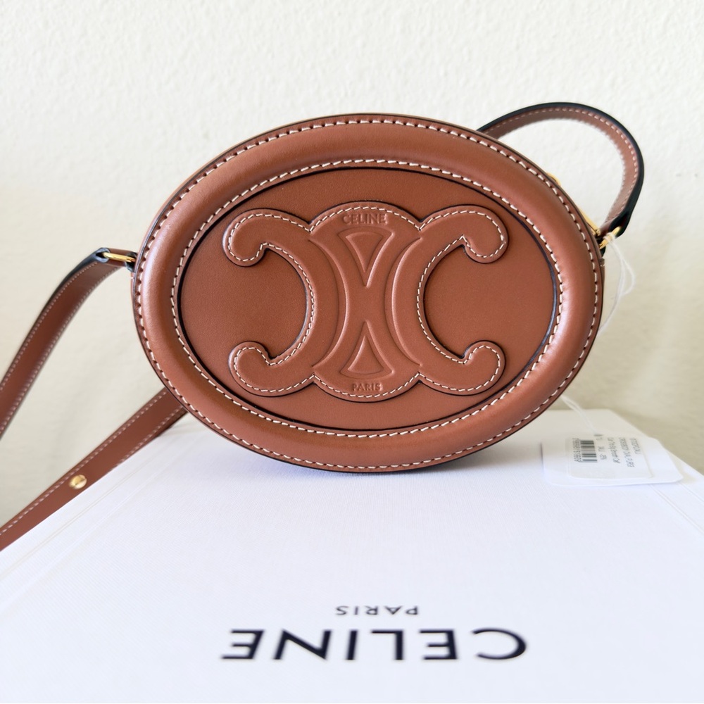 New Celine Triomphe Oval brown leather crossbody purse mini bag